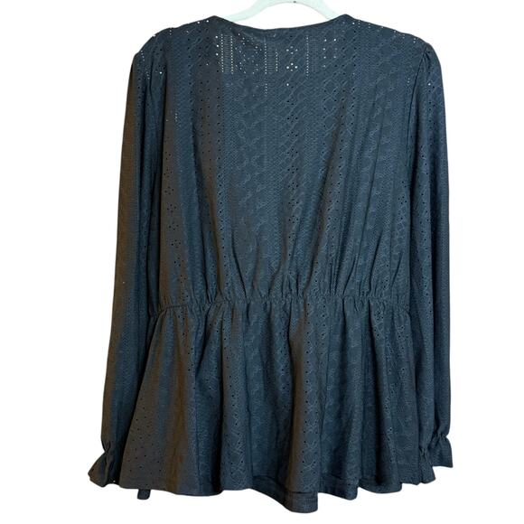 NWT Grace Karin black eyelet textured long sleeve faux wrap blouse Women's 2X - Picture 2 of 6